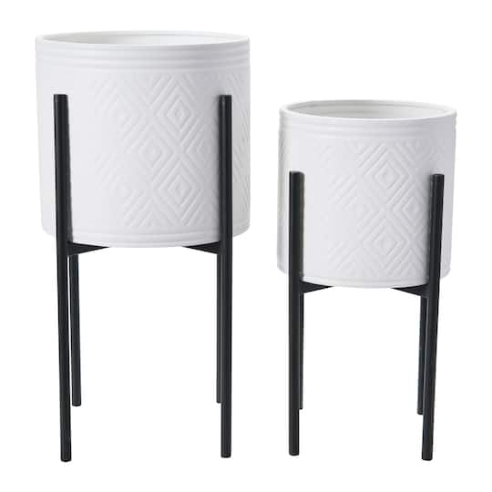 White &#x26; Black Boho Embossed Metal Planters with Stands Set